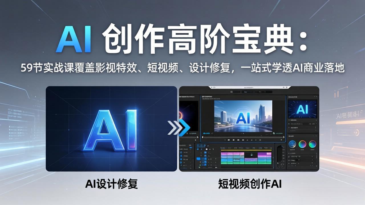AI 创作高阶宝典：59节实战课覆盖影视特效、短视频、设计修复，一站式学透AI商业落地网络赚钱,项目资源网,副业资源网,兼职项目,网赚课程-副业赚钱-互联网创业-独家轻创IP大圣网创