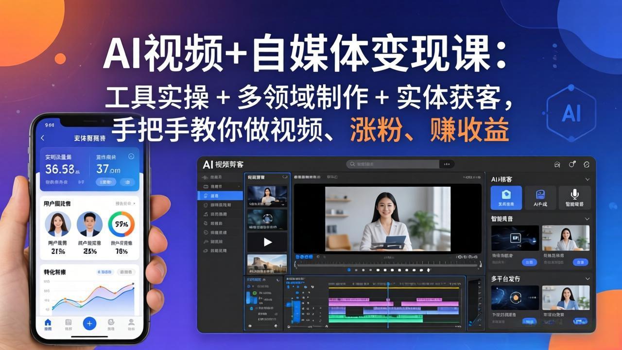 AI视频+自媒体变现课：工具实操 + 多领域制作 + 实体获客，手把手教你做视频、涨粉、赚收益网络赚钱,项目资源网,副业资源网,兼职项目,网赚课程-副业赚钱-互联网创业-独家轻创IP大圣网创