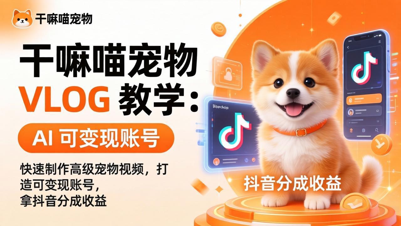 干嘛喵宠物 VLOG 教学：AI 快速制作高级宠物视频，打造可变现账号，拿抖音分成收益网络赚钱,项目资源网,副业资源网,兼职项目,网赚课程-副业赚钱-互联网创业-独家轻创IP大圣网创