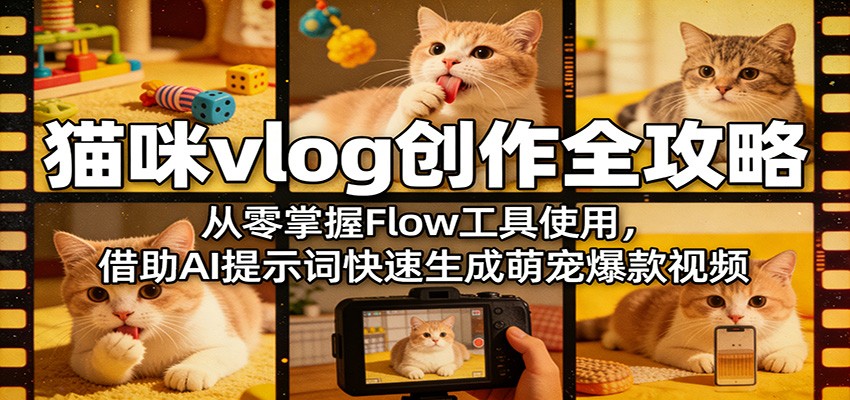 猫咪vlog创作全攻略：从零掌握Flow工具使用，借助AI提示词快速生成萌宠爆款视频网络赚钱,项目资源网,副业资源网,兼职项目,网赚课程-副业赚钱-互联网创业-独家轻创IP大圣网创