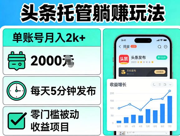 头条托管躺賺玩法，单账号月入2k+，每天5分钟发布即可，零门槛被动收益项目【揭秘】网络赚钱,项目资源网,副业资源网,兼职项目,网赚课程-副业赚钱-互联网创业-独家轻创IP大圣网创