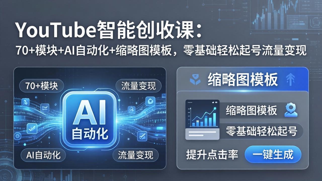 YouTube智能创收课：70+模块+AI自动化+缩略图模板，零基础轻松起号流量变现网络赚钱,项目资源网,副业资源网,兼职项目,网赚课程-副业赚钱-互联网创业-独家轻创IP大圣网创