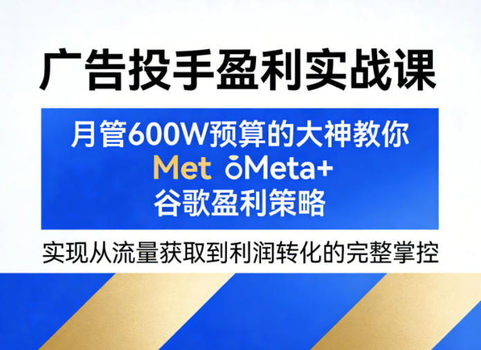 广告投手盈利实战课，月管600W预算的大神教你Meta+谷歌盈利策略，实现从流量获取到利润转化的完整掌控网络赚钱,项目资源网,副业资源网,兼职项目,网赚课程-副业赚钱-互联网创业-独家轻创IP大圣网创