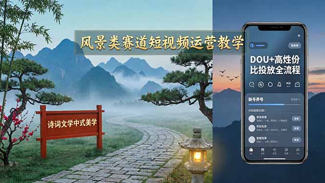 风景类赛道短视频运营教学：诗词文学中式美学，新号养号对标账号定位，DOU+高性价比投放全流程网络赚钱,项目资源网,副业资源网,兼职项目,网赚课程-副业赚钱-互联网创业-独家轻创IP大圣网创