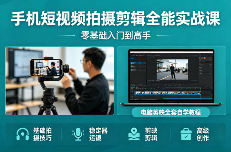 手机短视频拍摄剪辑全能实战课:零基础入门到高手,稳定器运镜+电脑剪映全套自学教程网络赚钱,项目资源网,副业资源网,兼职项目,网赚课程-副业赚钱-互联网创业-独家轻创IP大圣网创