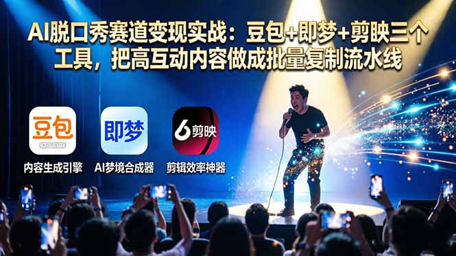 AI脱口秀赛道变现实战：豆包+即梦+剪映三个工具，把高互动内容做成批量复制流水线网络赚钱,项目资源网,副业资源网,兼职项目,网赚课程-副业赚钱-互联网创业-独家轻创IP大圣网创