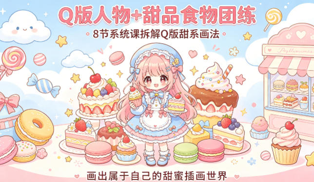 Q版人物+甜品食物团练,8节系统课拆解Q版甜系画法,画出属于自己的甜蜜插画世界网络赚钱,项目资源网,副业资源网,兼职项目,网赚课程-副业赚钱-互联网创业-独家轻创IP大圣网创