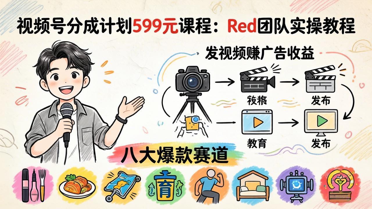视频号分成计划599元课程：Red团队实操教程，发视频赚广告收益，八大爆款赛道全掌握网络赚钱,项目资源网,副业资源网,兼职项目,网赚课程-副业赚钱-互联网创业-独家轻创IP大圣网创