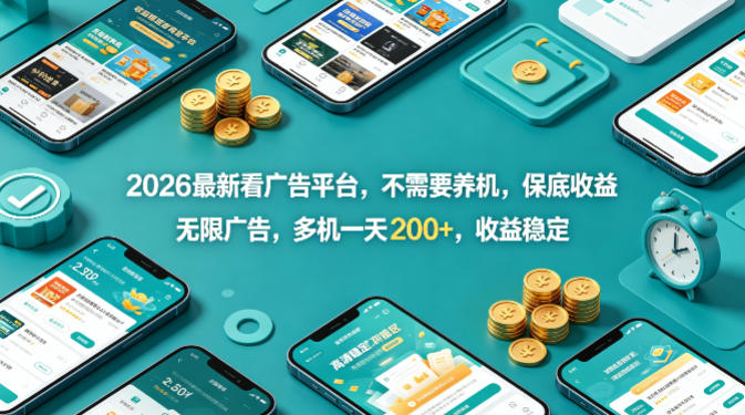 2026最新看广告平台，不需要养机，保底收益，无限广告，多机一天200+，收益稳定【揭秘】网络赚钱,项目资源网,副业资源网,兼职项目,网赚课程-副业赚钱-互联网创业-独家轻创IP大圣网创