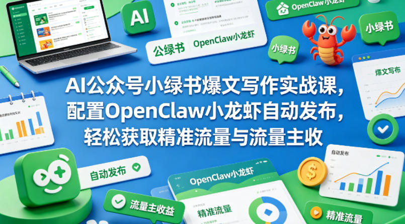 AI公众号小绿书爆文写作实战课，配置OpenClaw小龙虾自动发布，轻松获取精准流量与流量主收益网络赚钱,项目资源网,副业资源网,兼职项目,网赚课程-副业赚钱-互联网创业-独家轻创IP大圣网创