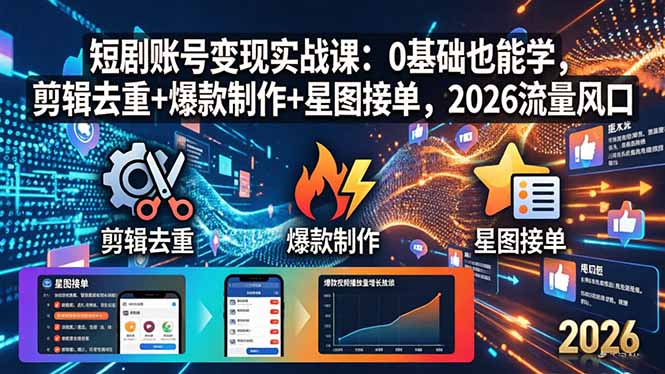 短剧账号变现实战课：0基础也能学，剪辑去重+爆款制作+星图接单，2026流量风口网络赚钱,项目资源网,副业资源网,兼职项目,网赚课程-副业赚钱-互联网创业-独家轻创IP大圣网创