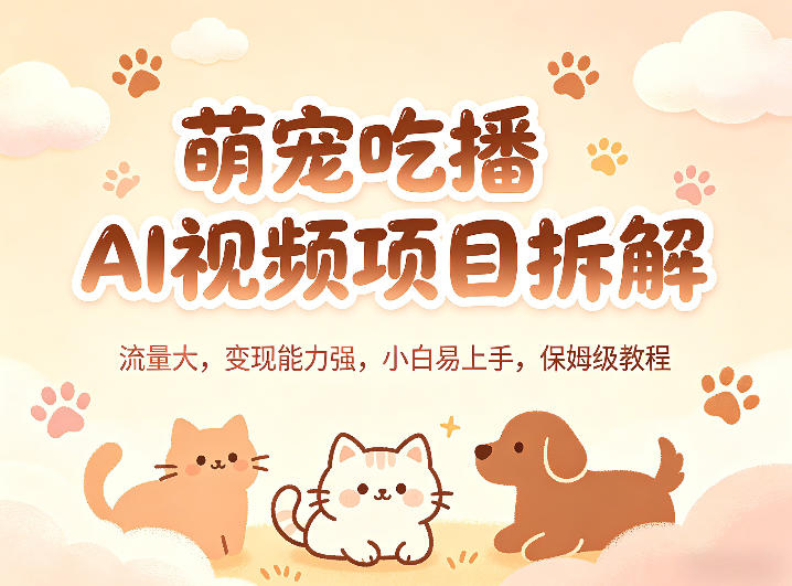 萌宠吃播AI视频项目拆解，流量大，变现能力强，小白易上手，保姆级教程网络赚钱,项目资源网,副业资源网,兼职项目,网赚课程-副业赚钱-互联网创业-独家轻创IP大圣网创