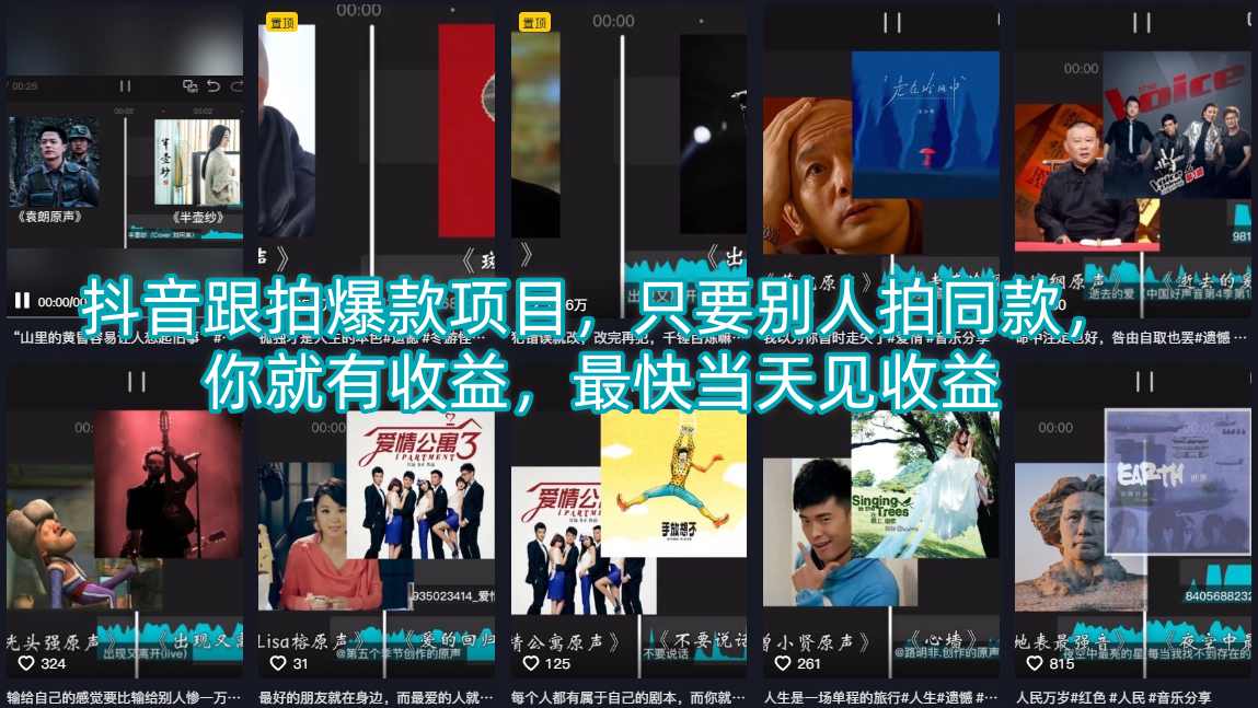 抖音跟拍爆款项目，只要别人拍同款，你就有收益，最快当天见收益网络赚钱,项目资源网,副业资源网,兼职项目,网赚课程-副业赚钱-互联网创业-独家轻创IP大圣网创