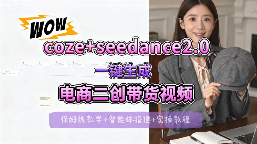 【Coze工作流搭建实操教程】seedance2.0+coze一键生成电商二创带货视频，全流程保姆级教学网络赚钱,项目资源网,副业资源网,兼职项目,网赚课程-副业赚钱-互联网创业-独家轻创IP大圣网创