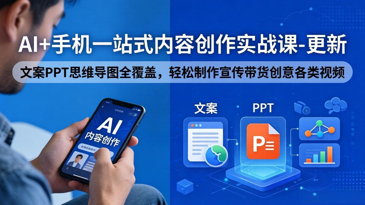 AI+手机一站式内容创作实战课-更新，文案PPT思维导图全覆盖，轻松制作宣传带货创意各类视频网络赚钱,项目资源网,副业资源网,兼职项目,网赚课程-副业赚钱-互联网创业-独家轻创IP大圣网创
