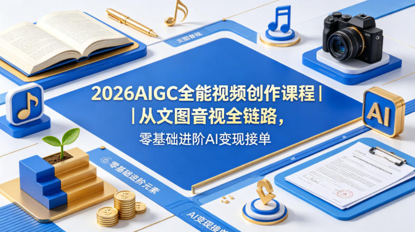 2026AIGC全能视频创作课程｜从文图音视全链路，零基础进阶AI变现接单网络赚钱,项目资源网,副业资源网,兼职项目,网赚课程-副业赚钱-互联网创业-独家轻创IP大圣网创