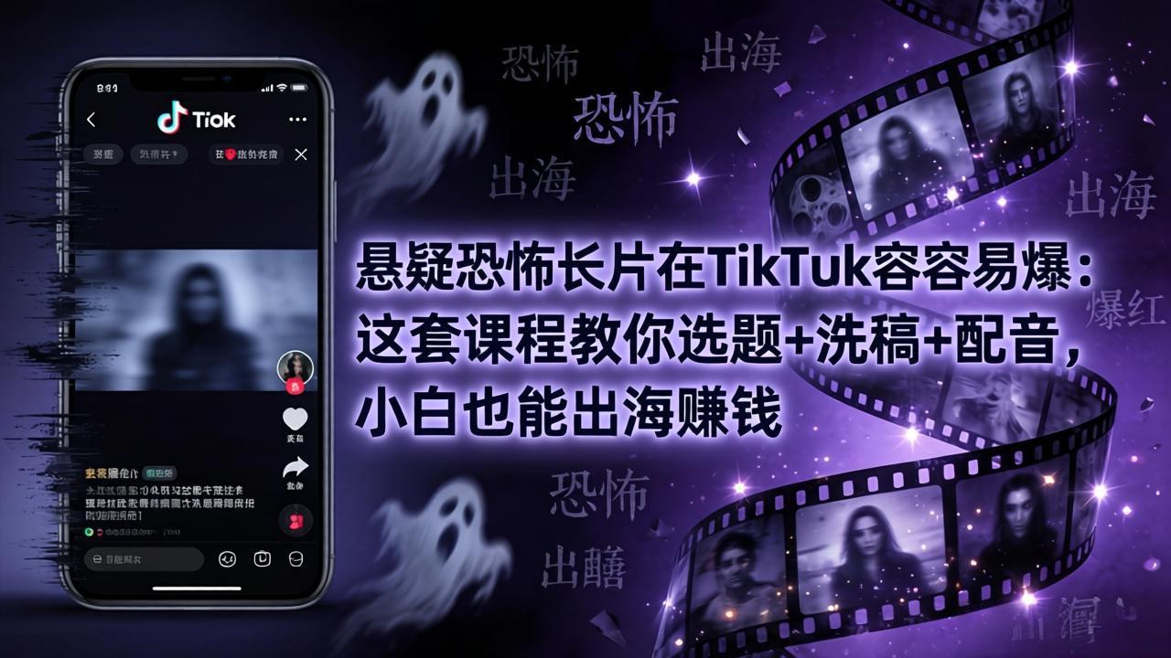 悬疑恐怖长片在TikTok最容易爆：这套课程教你选题+洗稿+配音，小白也能出海赚钱网络赚钱,项目资源网,副业资源网,兼职项目,网赚课程-副业赚钱-互联网创业-独家轻创IP大圣网创