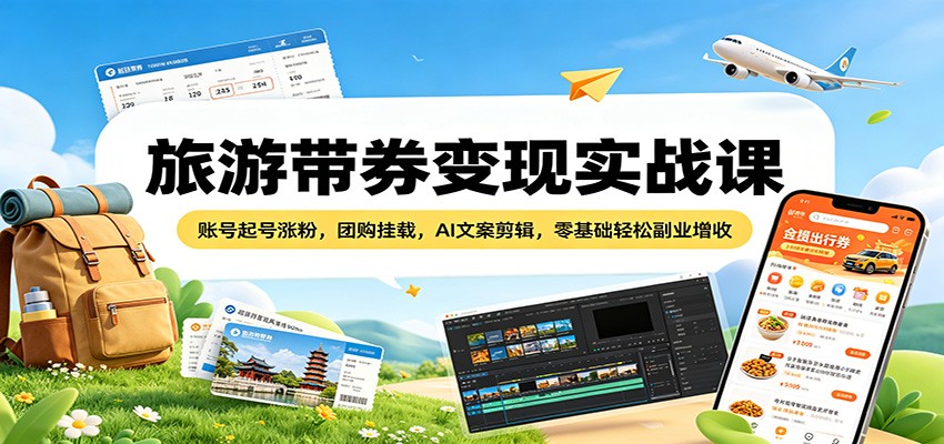 旅游带券变现实战课：账号起号涨粉，团购挂载，AI文案剪辑，零基础轻松副业增收网络赚钱,项目资源网,副业资源网,兼职项目,网赚课程-副业赚钱-互联网创业-独家轻创IP大圣网创