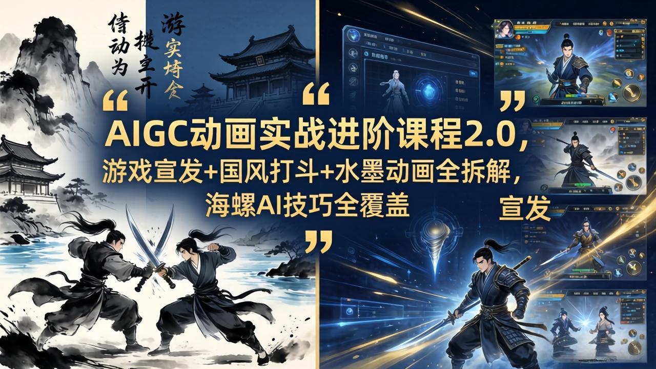AIGC动画实战进阶课程2.0，游戏宣发+国风打斗+水墨动画全拆解，海螺AI技巧全覆盖网络赚钱,项目资源网,副业资源网,兼职项目,网赚课程-副业赚钱-互联网创业-独家轻创IP大圣网创