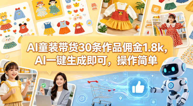 AI童装带货30条作品佣金1.8k，AI一键生成即可，操作简单网络赚钱,项目资源网,副业资源网,兼职项目,网赚课程-副业赚钱-互联网创业-独家轻创IP大圣网创