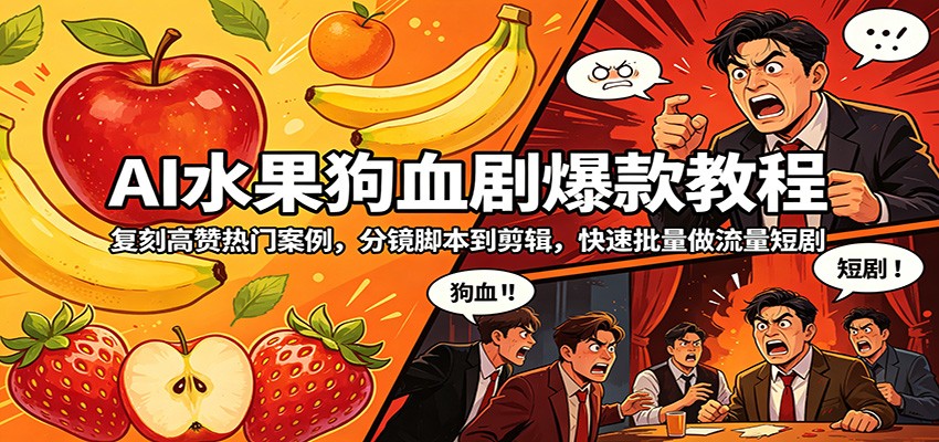 AI水果狗血剧爆款教程：复刻高赞热门案例，分镜脚本到剪辑，快速批量做流量短剧网络赚钱,项目资源网,副业资源网,兼职项目,网赚课程-副业赚钱-互联网创业-独家轻创IP大圣网创