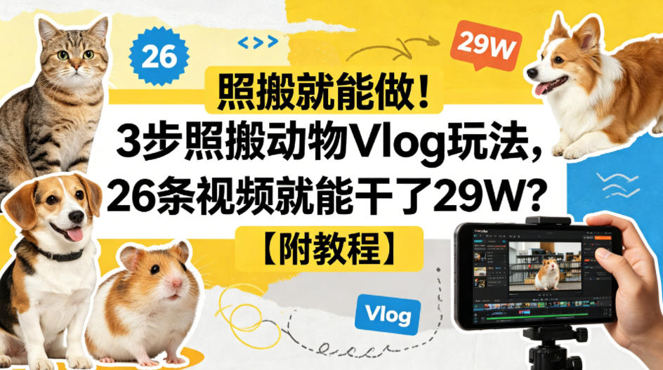 照搬就能做！3步照搬动物Vlog玩法，26条视频就能干了29W？【附教程】【赠coze一键生成工作流】网络赚钱,项目资源网,副业资源网,兼职项目,网赚课程-副业赚钱-互联网创业-独家轻创IP大圣网创
