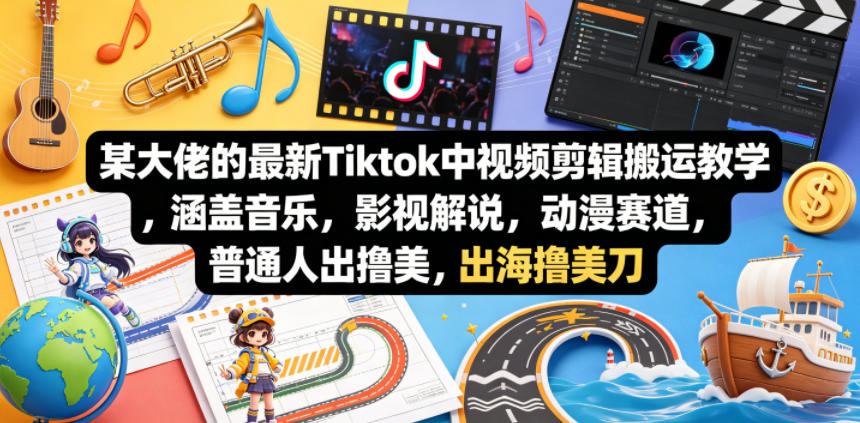 某大佬的最新Tiktok中视频剪辑搬运教学，涵盖音乐，影视解说，动漫赛道，普通人出海撸美刀网络赚钱,项目资源网,副业资源网,兼职项目,网赚课程-副业赚钱-互联网创业-独家轻创IP大圣网创