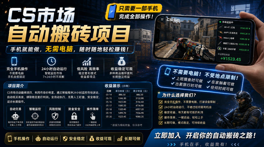 手机即可操作的CS市场自动搬砖系统｜自动监控｜自动下单|日入300+【揭秘】网络赚钱,项目资源网,副业资源网,兼职项目,网赚课程-副业赚钱-互联网创业-独家轻创IP大圣网创