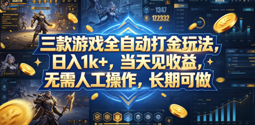 三款游戏全自动打金玩法，日入1k+，当天见收益，无需人工操作，长期可做【揭秘】网络赚钱,项目资源网,副业资源网,兼职项目,网赚课程-副业赚钱-互联网创业-独家轻创IP大圣网创