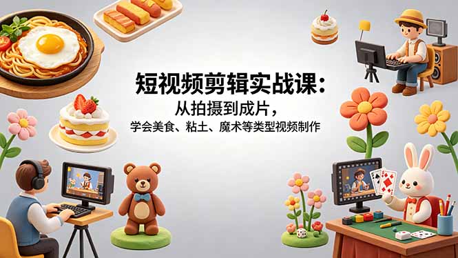 短视频剪辑实战课：从拍摄到成片，学会美食、粘土、魔术等类型视频制作网络赚钱,项目资源网,副业资源网,兼职项目,网赚课程-副业赚钱-互联网创业-独家轻创IP大圣网创