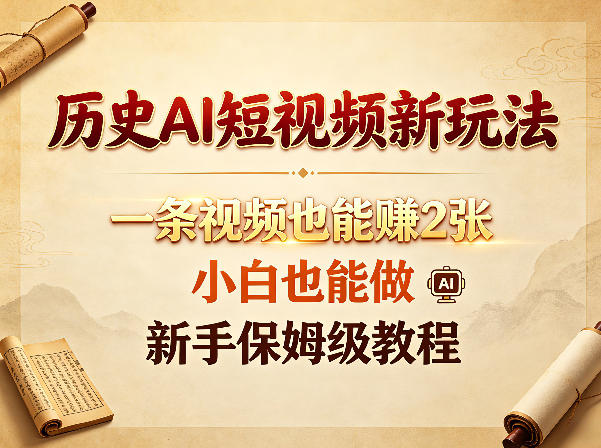 历史AI短视频新玩法，一条视频也能賺2张，小白也能做，新手保姆级教程网络赚钱,项目资源网,副业资源网,兼职项目,网赚课程-副业赚钱-互联网创业-独家轻创IP大圣网创