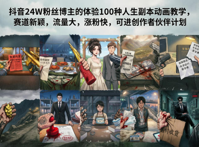 抖音24W粉丝博主的体验100种人生副本动画教学，赛道新颖，流量大，涨粉快，可进创作者伙伴计划网络赚钱,项目资源网,副业资源网,兼职项目,网赚课程-副业赚钱-互联网创业-独家轻创IP大圣网创