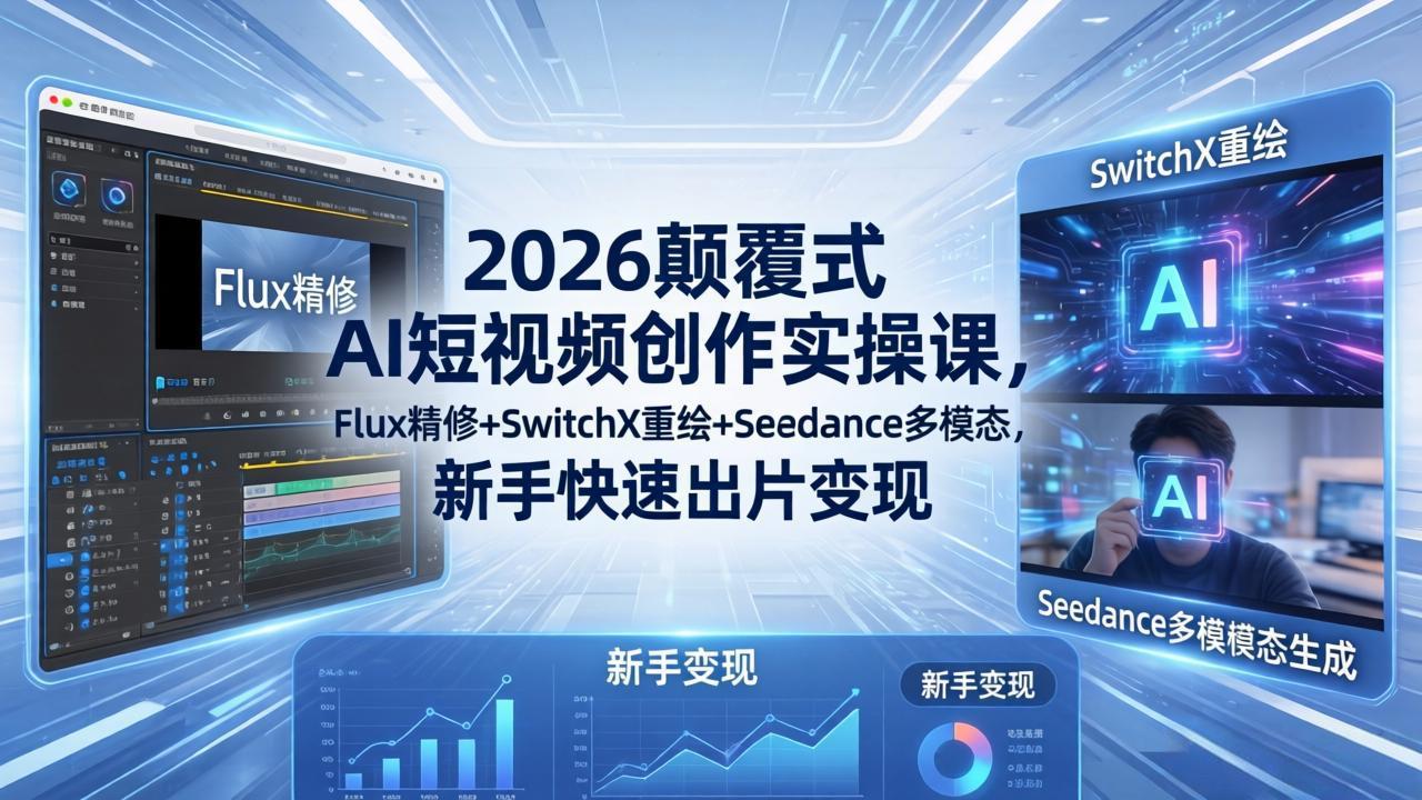 2026颠覆式 AI短视频创作课-5月更新,Flux精修+SwitchX重绘+Seedance多模态,新手快速出片变现网络赚钱,项目资源网,副业资源网,兼职项目,网赚课程-副业赚钱-互联网创业-独家轻创IP大圣网创