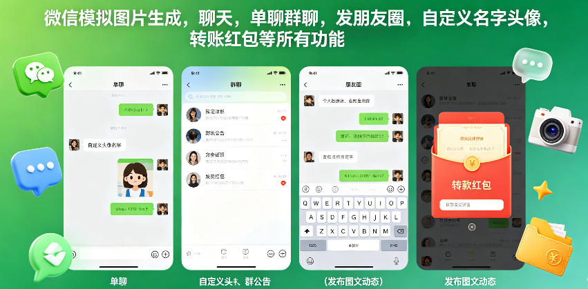 微信模拟图片生成,聊天,单聊群聊,发朋友圈,自定义名字头像,转账红包等所有功能都可以生成网络赚钱,项目资源网,副业资源网,兼职项目,网赚课程-副业赚钱-互联网创业-独家轻创IP大圣网创