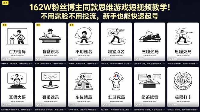 162W粉丝博主同款思维游戏短视频教学！不用露脸不用投流，新手也能快速起号网络赚钱,项目资源网,副业资源网,兼职项目,网赚课程-副业赚钱-互联网创业-独家轻创IP大圣网创
