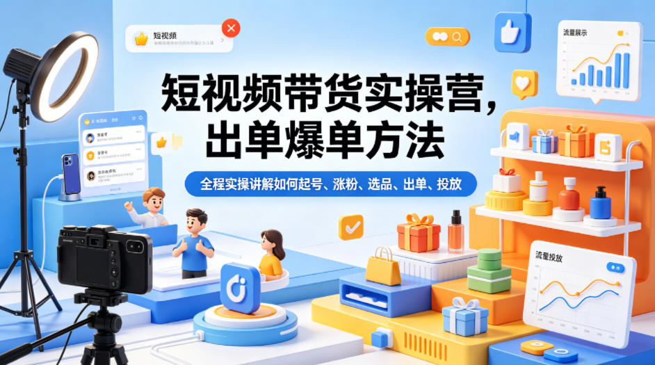 短视频带货实操营，出单爆单方法，全程实操讲解如何起号、涨粉、选品、出单、投放(更新0515)网络赚钱,项目资源网,副业资源网,兼职项目,网赚课程-副业赚钱-互联网创业-独家轻创IP大圣网创