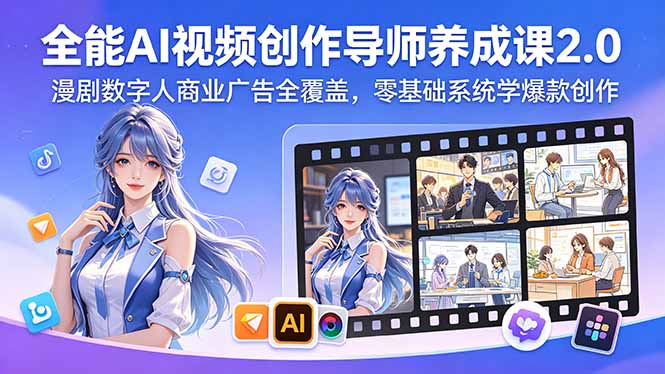 全能AI视频创作导师养成课2.0，漫剧数字人商业广告全覆盖，零基础系统学爆款创作网络赚钱,项目资源网,副业资源网,兼职项目,网赚课程-副业赚钱-互联网创业-独家轻创IP大圣网创