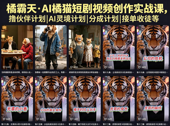 橘霸天·AI橘猫短剧视频创作实战课，撸伙伴计划|AI灵境计划|分成计划|接单收徒等网络赚钱,项目资源网,副业资源网,兼职项目,网赚课程-副业赚钱-互联网创业-独家轻创IP大圣网创