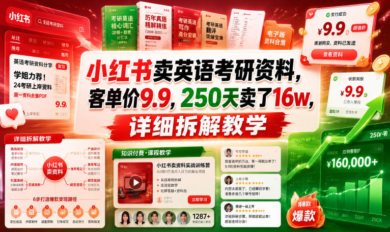 小红书卖英语考研资料，客单价9.9，250天卖了16w，详细拆解教学网络赚钱,项目资源网,副业资源网,兼职项目,网赚课程-副业赚钱-互联网创业-独家轻创IP大圣网创