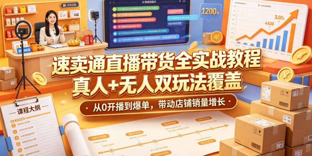速卖通直播带货全实战教程，真人+无人双玩法覆盖，从0开播到爆单，带动店铺销量增长网络赚钱,项目资源网,副业资源网,兼职项目,网赚课程-副业赚钱-互联网创业-独家轻创IP大圣网创