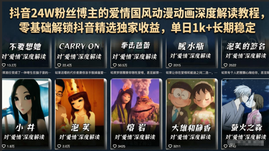 抖音24W粉丝博主的爱情国风动漫动画深度解读教程，零基础解锁抖音精选独家收益，单日1k+长期稳定网络赚钱,项目资源网,副业资源网,兼职项目,网赚课程-副业赚钱-互联网创业-独家轻创IP大圣网创