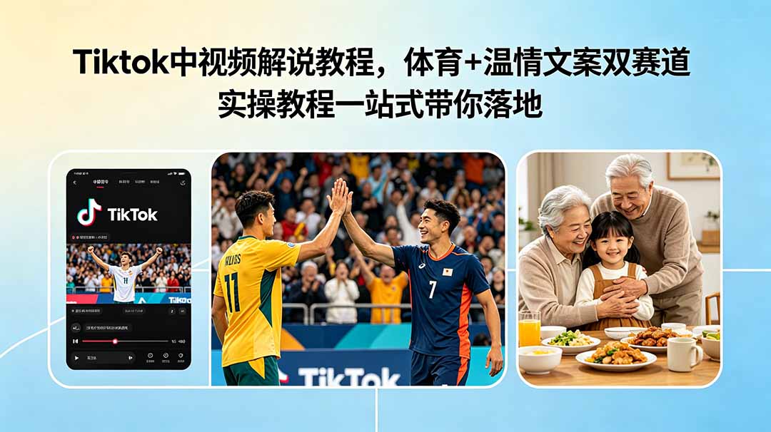Tiktok中视频解说教程，体育+温情文案双赛道实操教程一站式带你落地网络赚钱,项目资源网,副业资源网,兼职项目,网赚课程-副业赚钱-互联网创业-独家轻创IP大圣网创