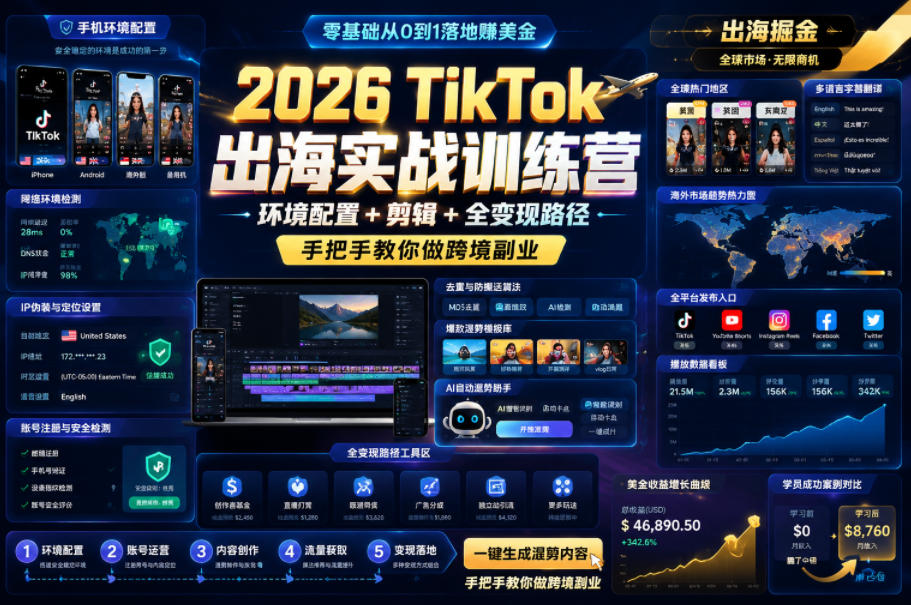 2026 TikTok出海实战训练营，环境配置 + 剪辑 + 全变现路径，手把手教你做跨境副业网络赚钱,项目资源网,副业资源网,兼职项目,网赚课程-副业赚钱-互联网创业-独家轻创IP大圣网创
