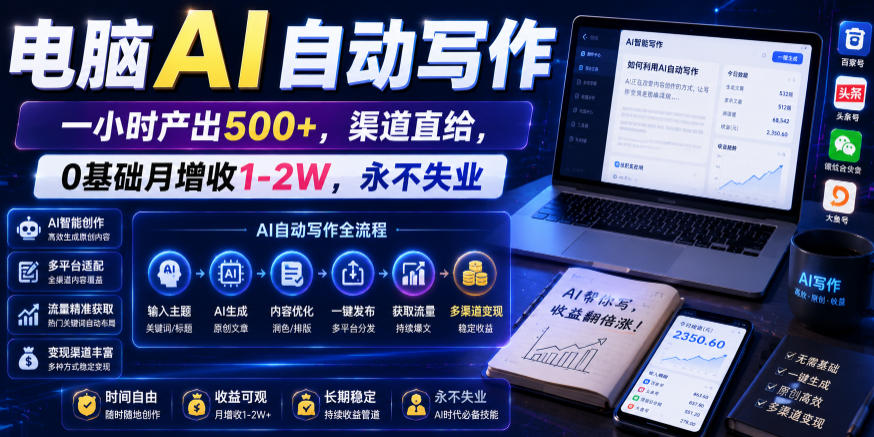电脑AI自动写作,一小时产出500+,渠道直给,0基础月增收1-2W,永不失业【揭秘】网络赚钱,项目资源网,副业资源网,兼职项目,网赚课程-副业赚钱-互联网创业-独家轻创IP大圣网创