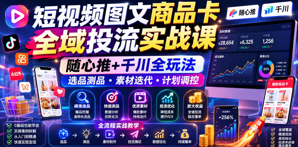 短视频图文商品卡全域投流实战课，随心推+千川全玩法，选品测品・素材迭代・计划调控，提升ROI爆单增收教程网络赚钱,项目资源网,副业资源网,兼职项目,网赚课程-副业赚钱-互联网创业-独家轻创IP大圣网创