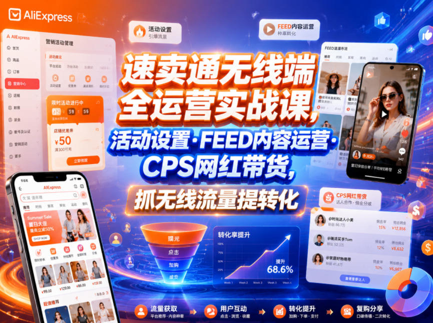 速卖通无线端全运营实战课,活动设置・FEED内容运营・CPS网红带货,抓无线流量提转化网络赚钱,项目资源网,副业资源网,兼职项目,网赚课程-副业赚钱-互联网创业-独家轻创IP大圣网创