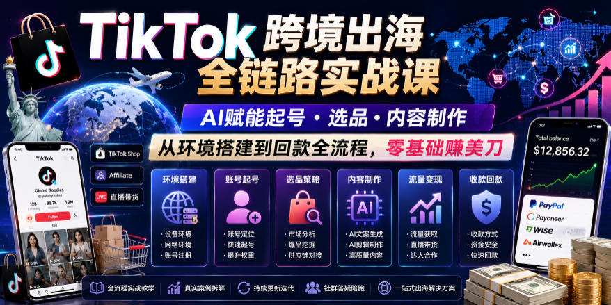 TikTok跨境出海全链路实战课，AI赋能起号・选品・内容制作，从环境搭建到回款全流程，零基础賺美刀网络赚钱,项目资源网,副业资源网,兼职项目,网赚课程-副业赚钱-互联网创业-独家轻创IP大圣网创