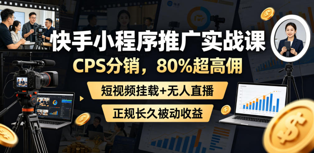 快手小程序推广实战课,CPS分销,80%超高佣,短视频挂载+无人直播,正规长久被动收益网络赚钱,项目资源网,副业资源网,兼职项目,网赚课程-副业赚钱-互联网创业-独家轻创IP大圣网创