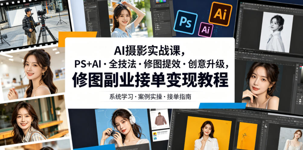 AI摄影实战课,PS+AI・全技法・修图提效・创意升级,修图副业接单变现教程网络赚钱,项目资源网,副业资源网,兼职项目,网赚课程-副业赚钱-互联网创业-独家轻创IP大圣网创