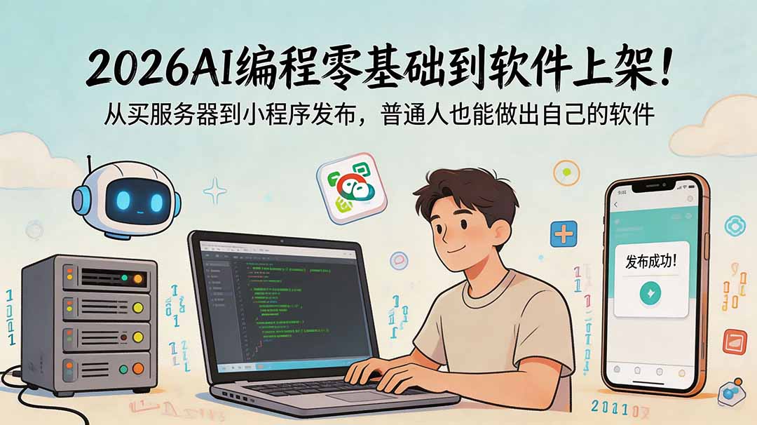 2026AI编程零基础到软件上架!从买服务器到小程序发布,普通人也能做出自己的软件网络赚钱,项目资源网,副业资源网,兼职项目,网赚课程-副业赚钱-互联网创业-独家轻创IP大圣网创
